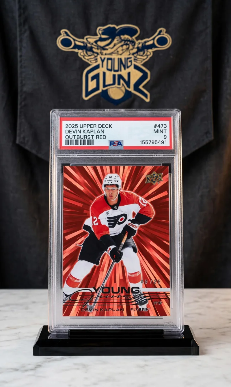 2025-26 Upper Deck #473 Devin Kaplan Outburst Red /25 RC PSA 9 Mint Flyers